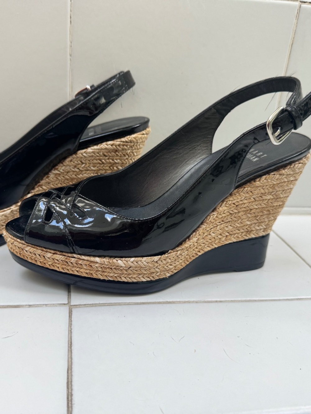 NEW STUART WEITZMAN BLACK PATENT ESPADRILLE WEDGE SANDALS